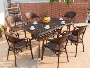 Обеденная группа Стол прямоугольный из литого алюминия ВУЛКАН-2 "VOLCANO-2" 146х80 + 6 Кресел  БАМБУК-2 "BAMBOO-2"