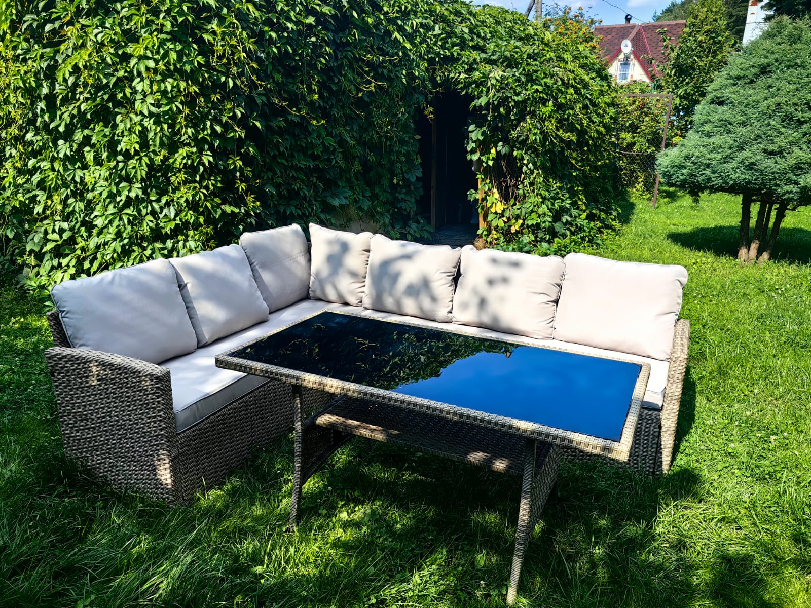 Обеденная группа плетеной мебели Албания «Albania» с подушками Greige - Мир Дачника Обеденная группа плетеной мебели Албания «Albania» с подушками Greige